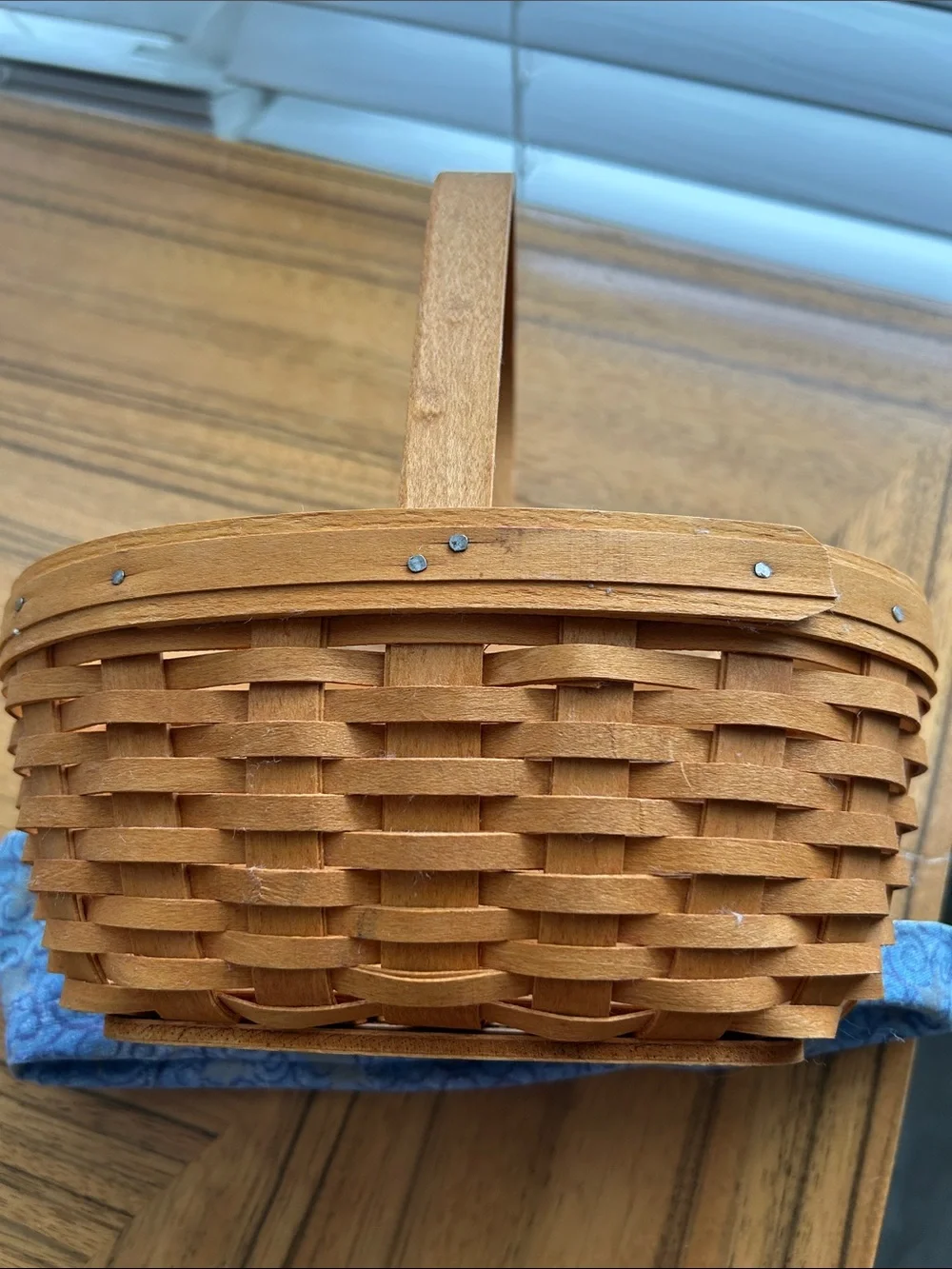 Longaberger Natural Wood Basket with Blue Fabric Liner